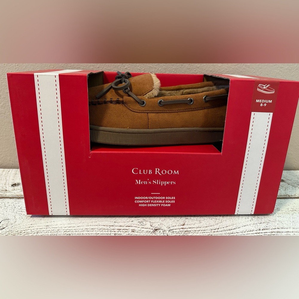 Men’s Club Room Slippers with High-Density Foam & Faux Fur Inside - NIB